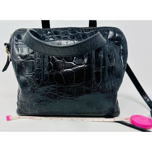 Fossil Sydney Black Croc Embossed Leather Satchel Handbag Crossbody Purse - Picture 7 of 9